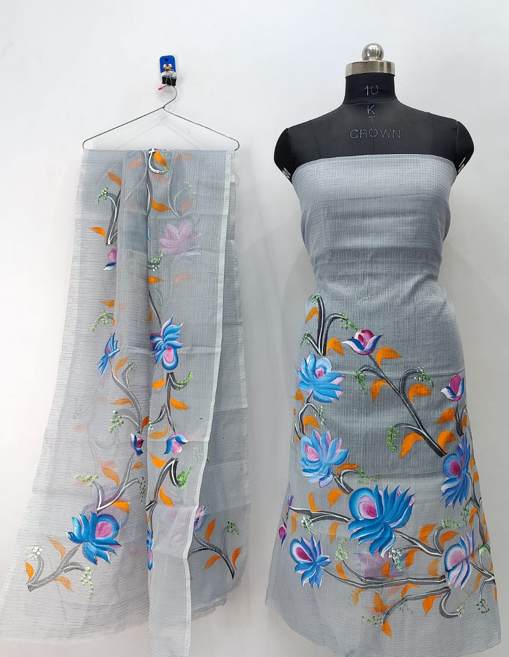 Classy Grey Blue Classic Flowery Brush Paint Kotadoria Un-Stitched Suit With Dupatta