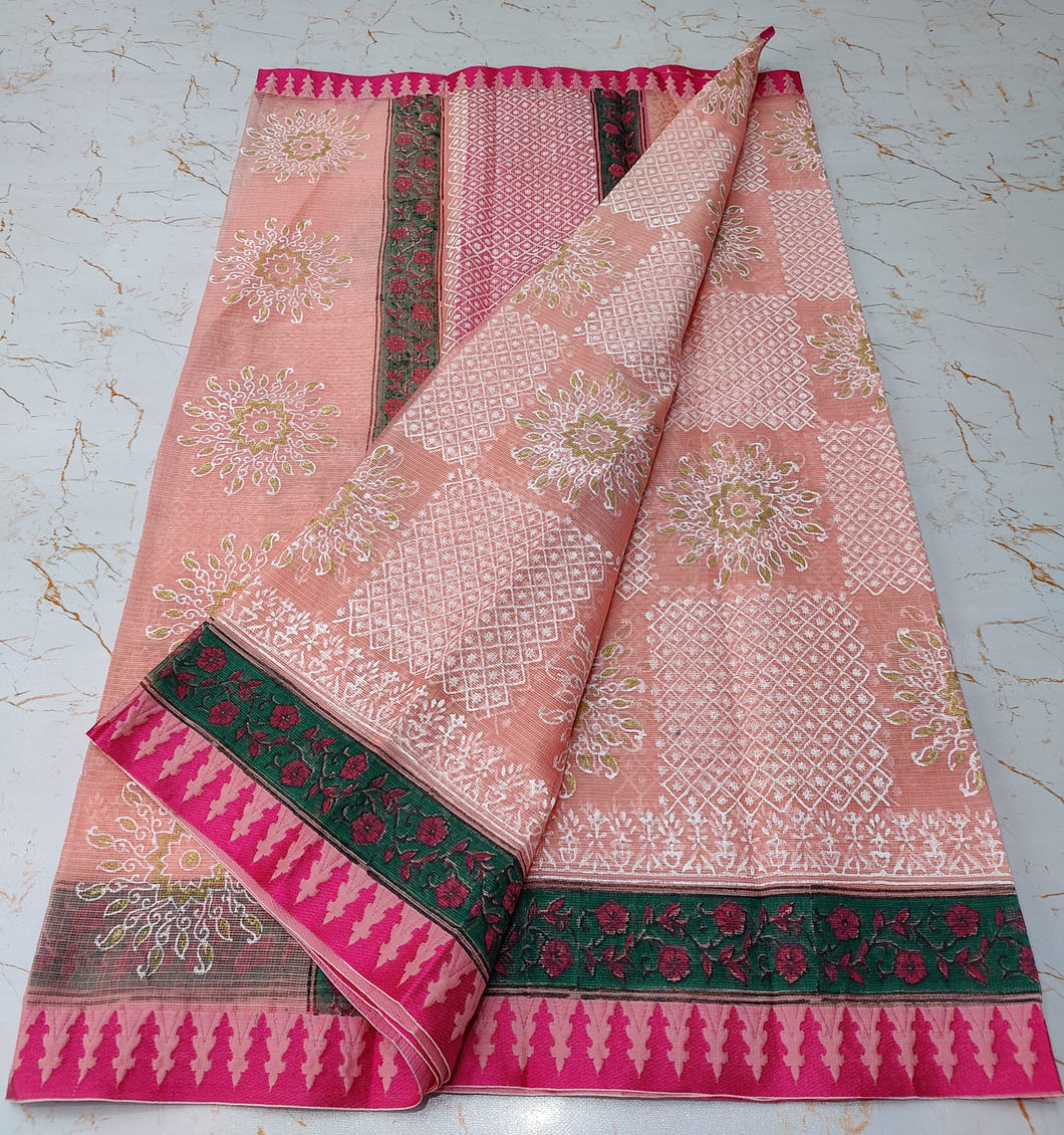 Pink Flowery Elegant KotaDoria Block Printed Cotton Saree With Running Blouse
