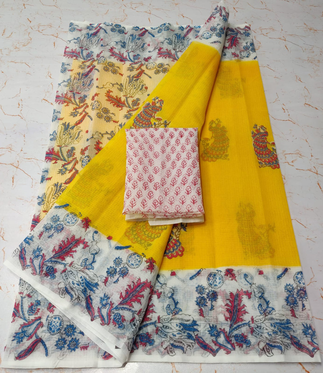 Fashionable Yellow KotaDoria Die Block Printed Cotton Saree With Running Blouse