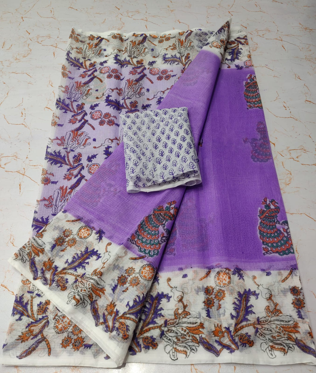 Fashionable Purple KotaDoria Die Block Printed Cotton Saree With Running Blouse