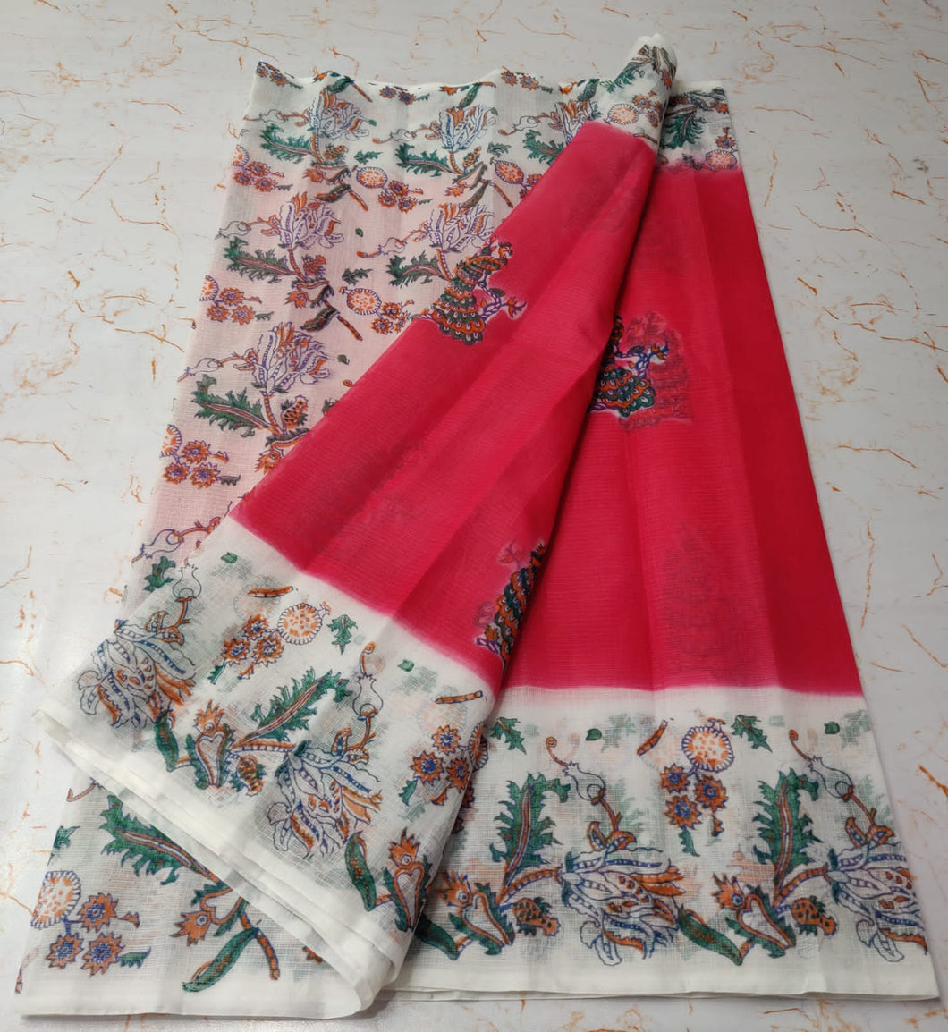Fashionable Red KotaDoria Die Peafowl Block Printed Cotton Saree With Running Blouse