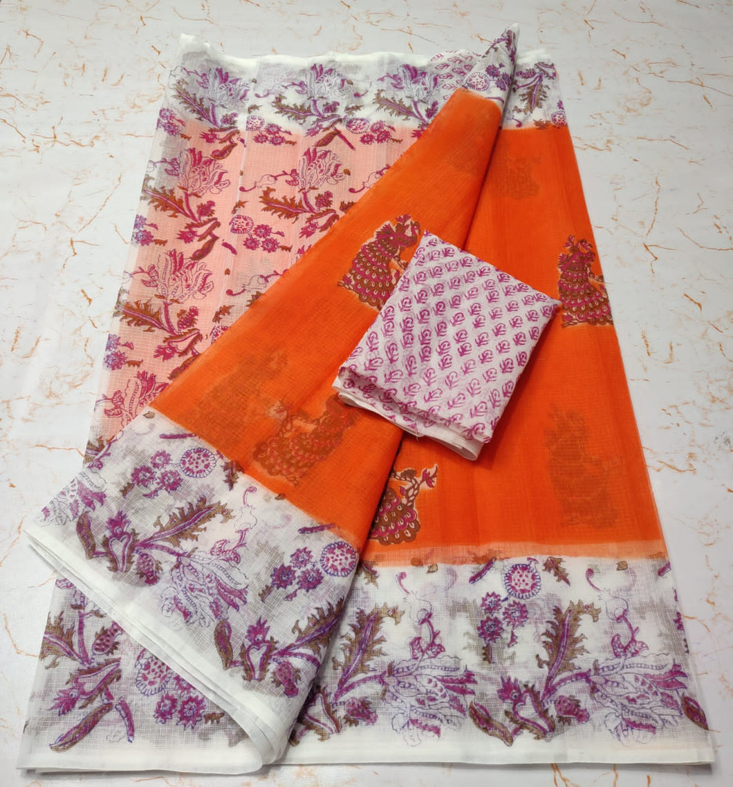 Fashionable Orange KotaDoria Dye Peafowl Block Printed Cotton Saree With Running Blouse