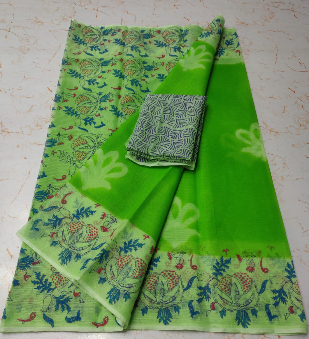 Fashionable Light Green KotaDoria Dye Peafowl Block Printed Cotton Saree With Running Blouse