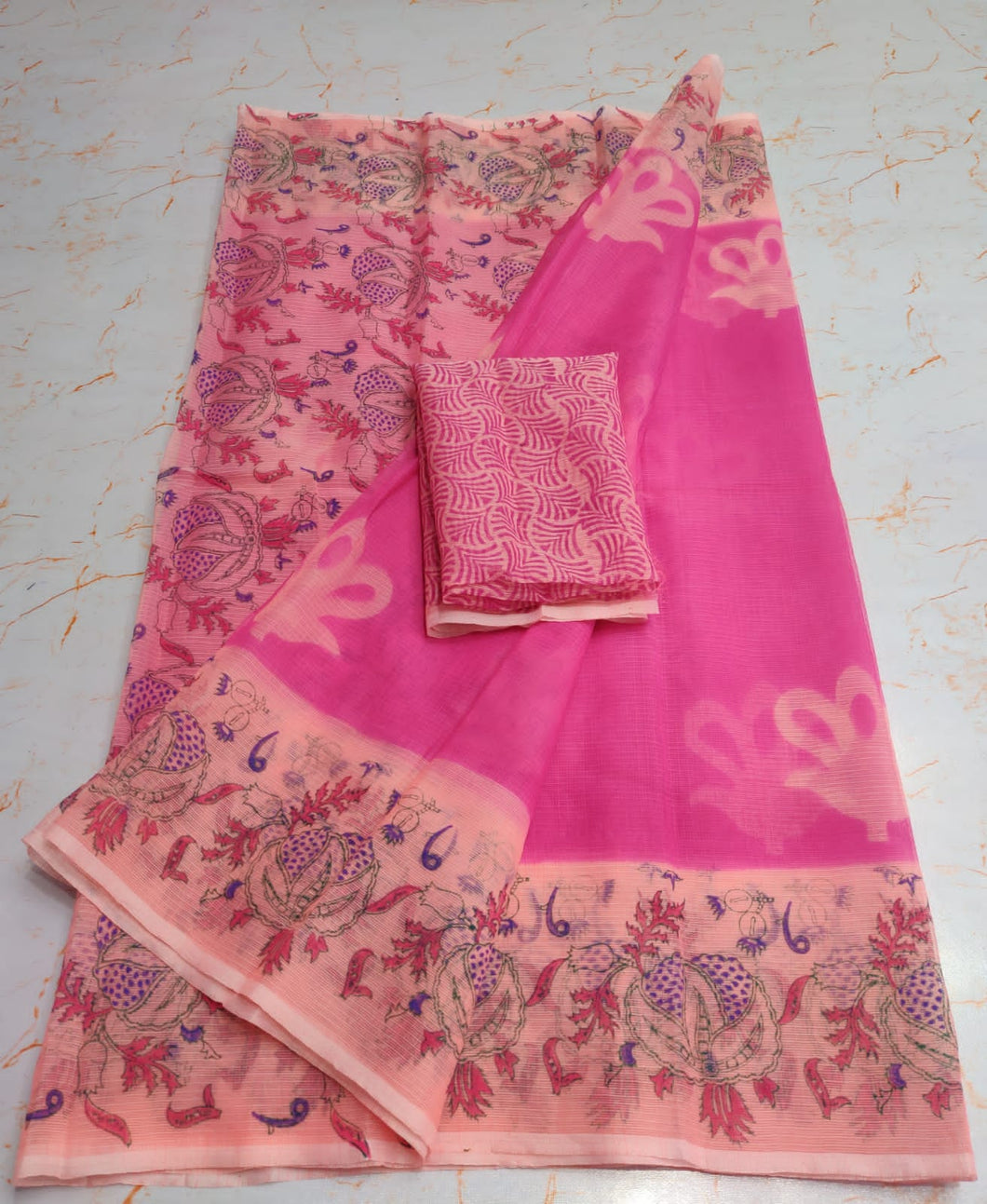 Fashionable Baby Pink KotaDoria Dye Block Printed Cotton Saree With Running Blouse