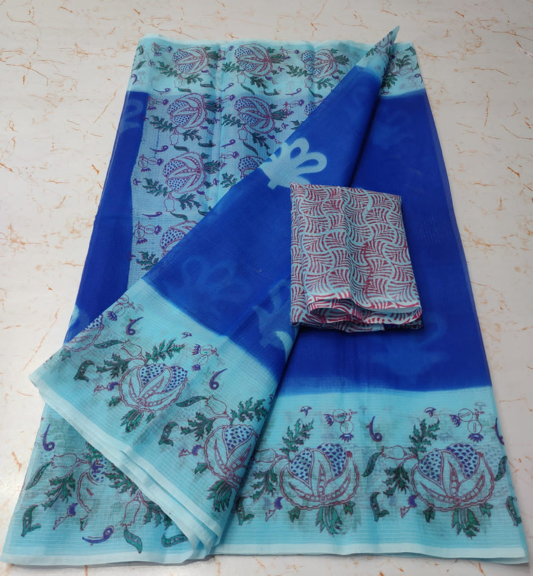 Fashionable Cobalt Blue KotaDoria Dye Block Printed Cotton Saree With Running Blouse