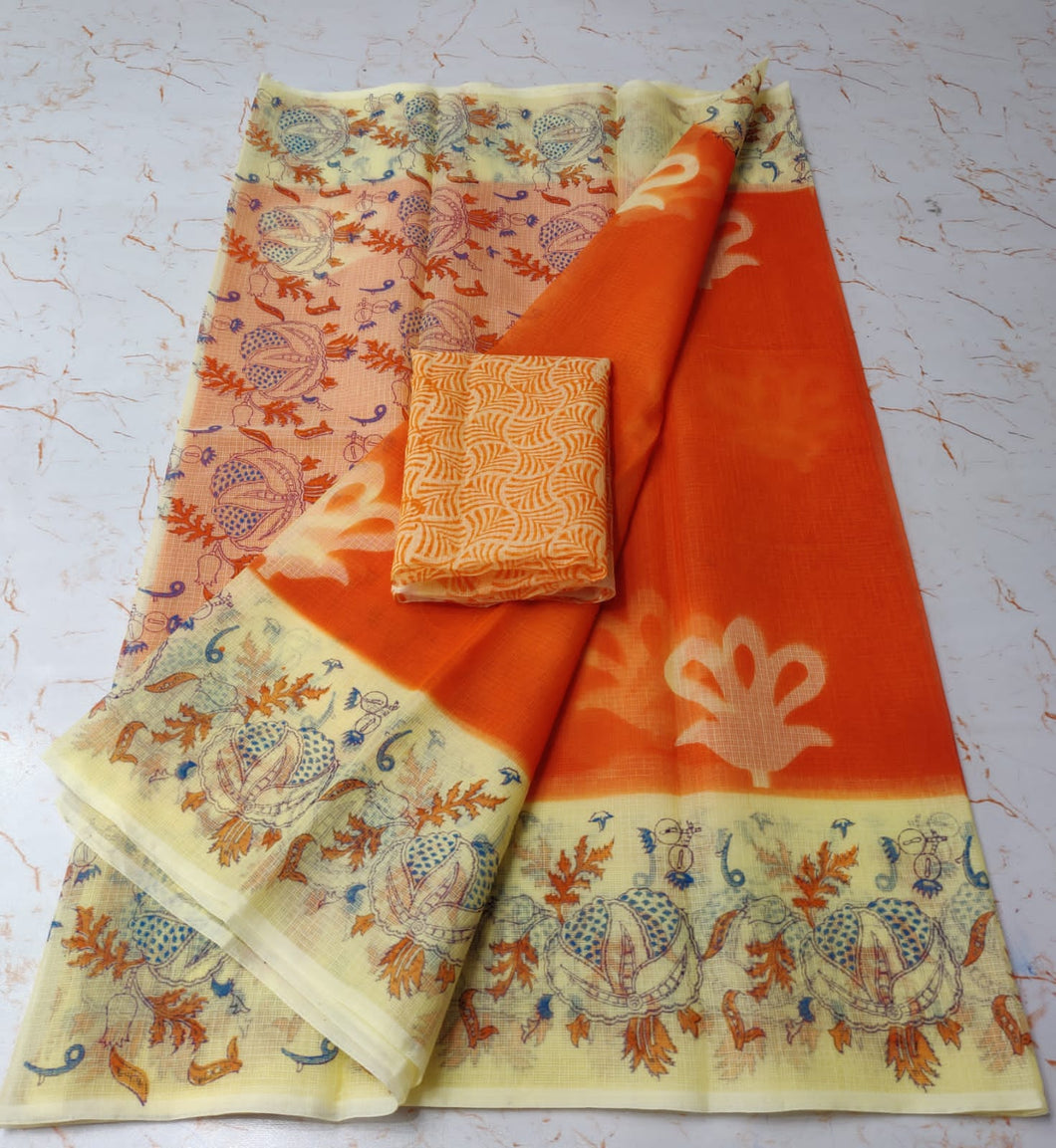 Fashionable International Orange KotaDoria Dye Block Printed Cotton Saree With Running Blouse
