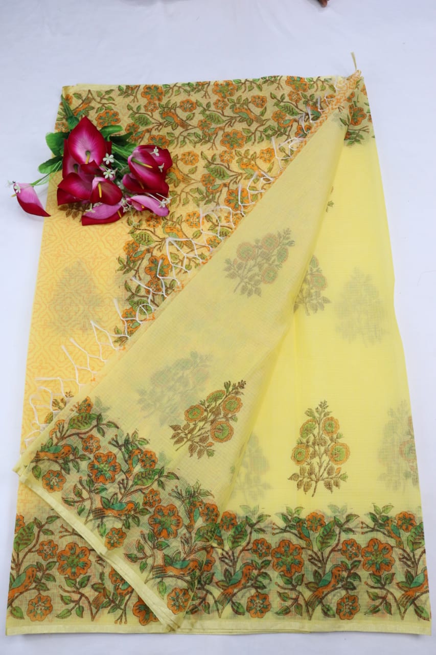 Yellow Colored Modish KotaDoria Block Printed Cotton Saree With Running Blouse
