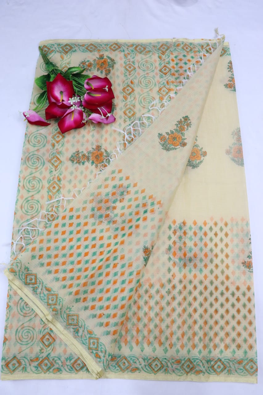 Mint Colored Modish KotaDoria Block Printed Cotton Saree With Running Blouse