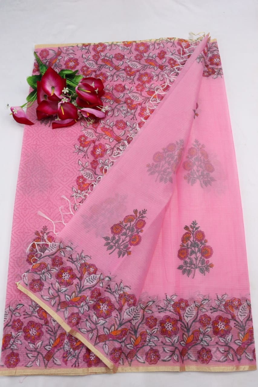 Pink Colored Modish KotaDoria Block Printed Cotton Saree With Running Blouse