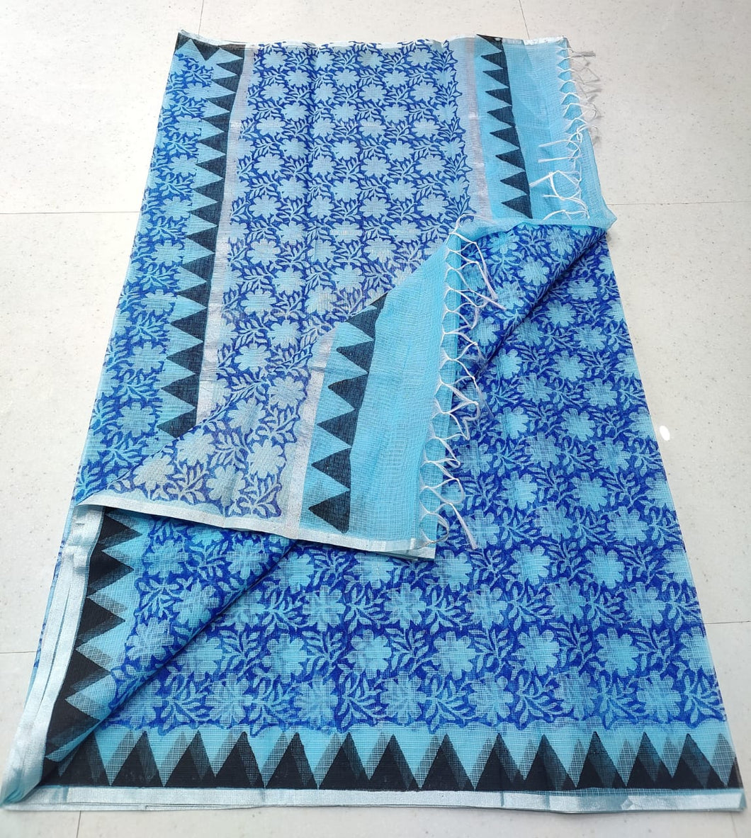 Rhombus Blue Colored Modish KotaDoria Block Printed Cotton Saree With Running Blouse