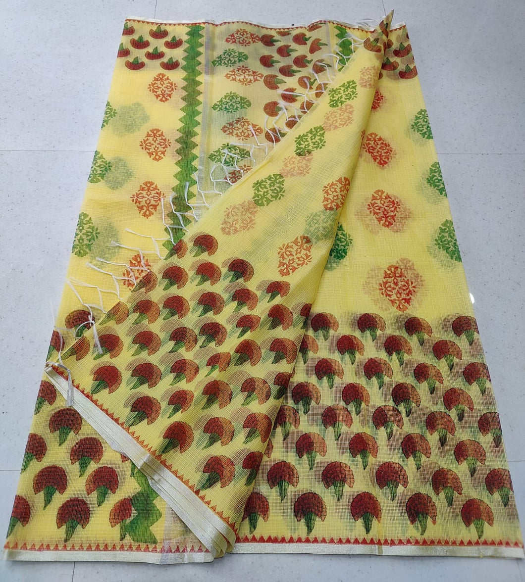 Modish Yellow Colored Artistry KotaDoria Block Printed Cotton Saree With Running Blouse