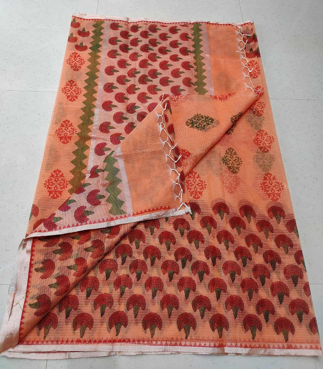 Modish Peach Colored Artistry KotaDoria Block Printed Cotton Saree With Running Blouse