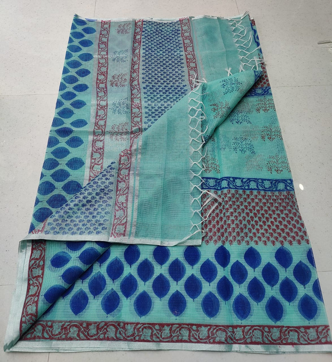 Leaflet Blue Modish Colored Artistry KotaDoria Block Printed Cotton Saree With Running Blouse