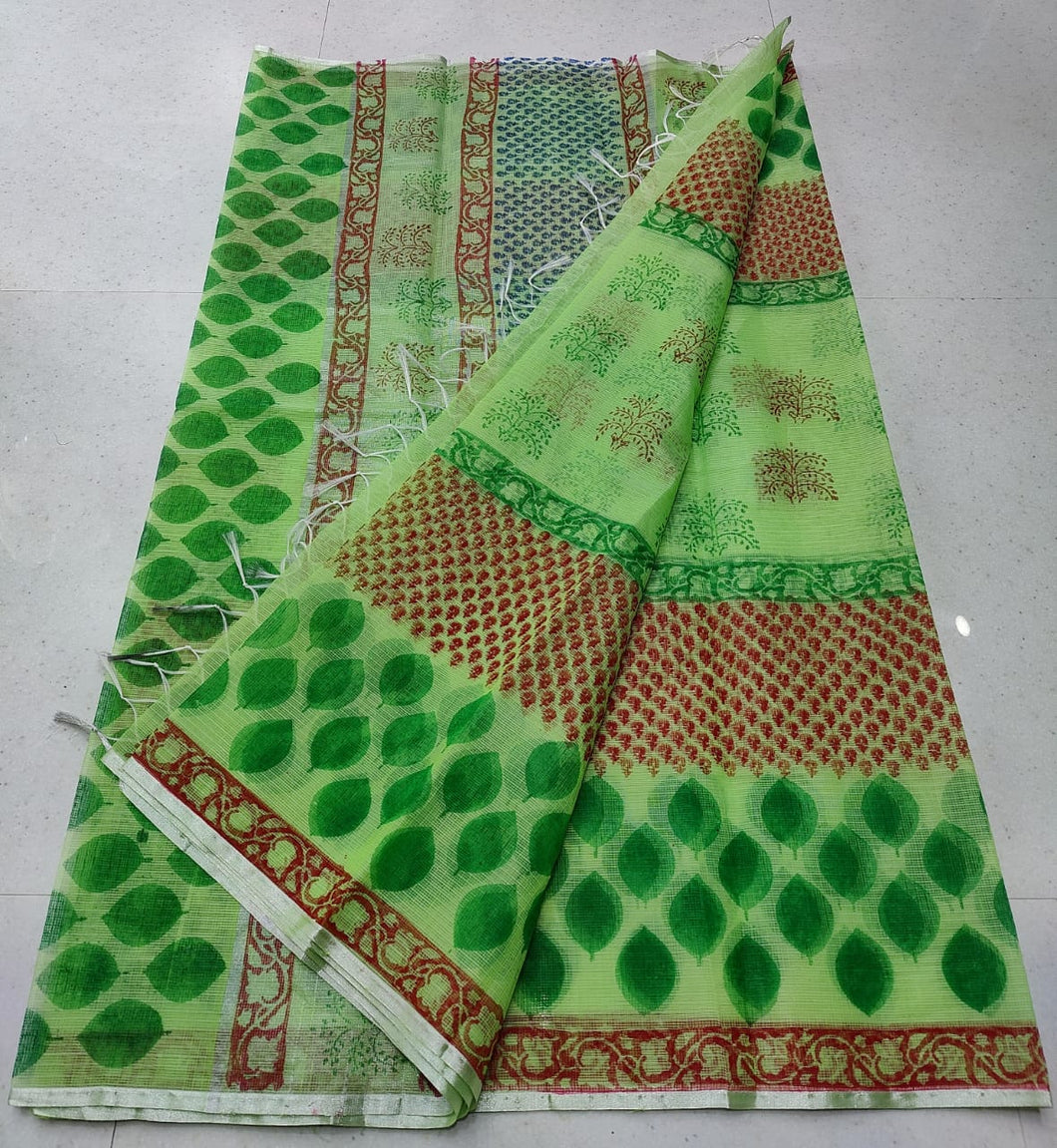 Leaflet Green Modish Colored Artistry KotaDoria Block Printed Cotton Saree With Running Blouse
