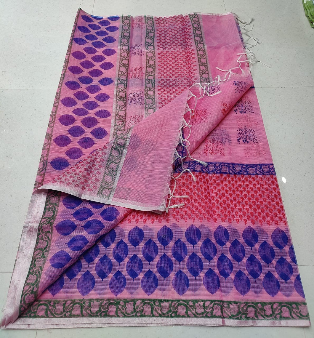 Leafy Pink Modish Colored Artistry KotaDoria Block Printed Cotton Saree With Running Blouse