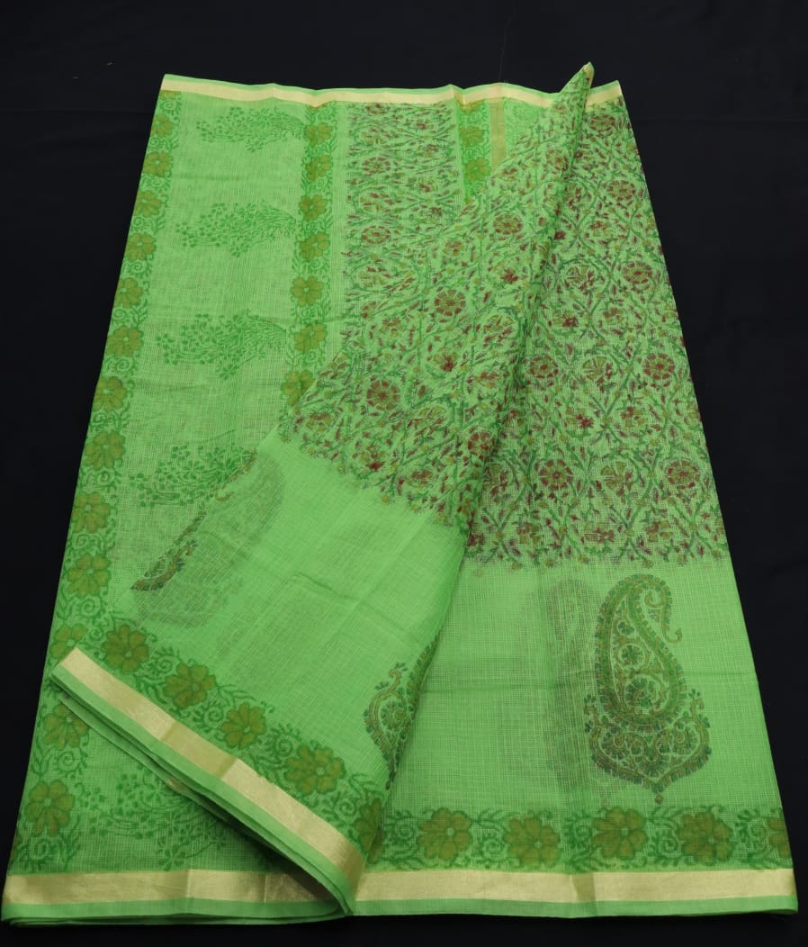 Discerning Look Modish Green Colored Artistry KotaDoria Block Printed Cotton Saree With Running Blouse