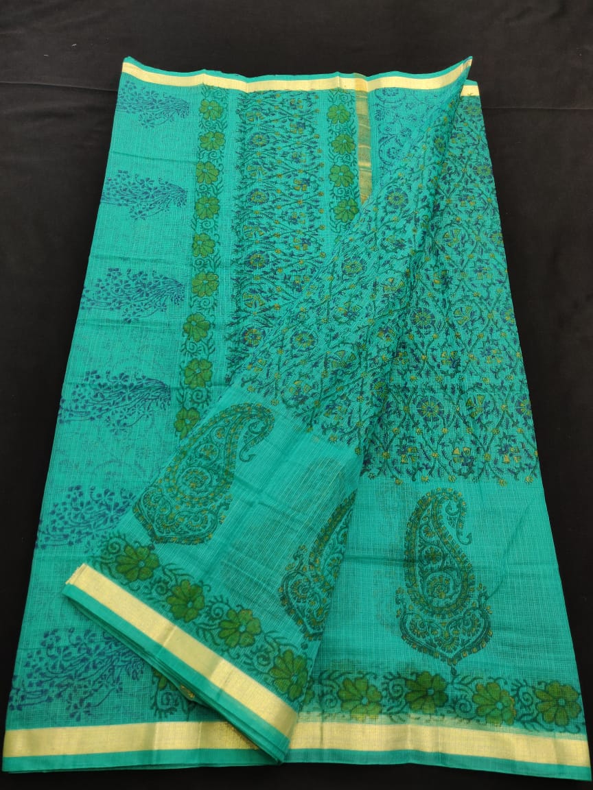 Discerning Look Sea Green Colored Artistry KotaDoria Block Printed Cotton Saree With Running Blouse
