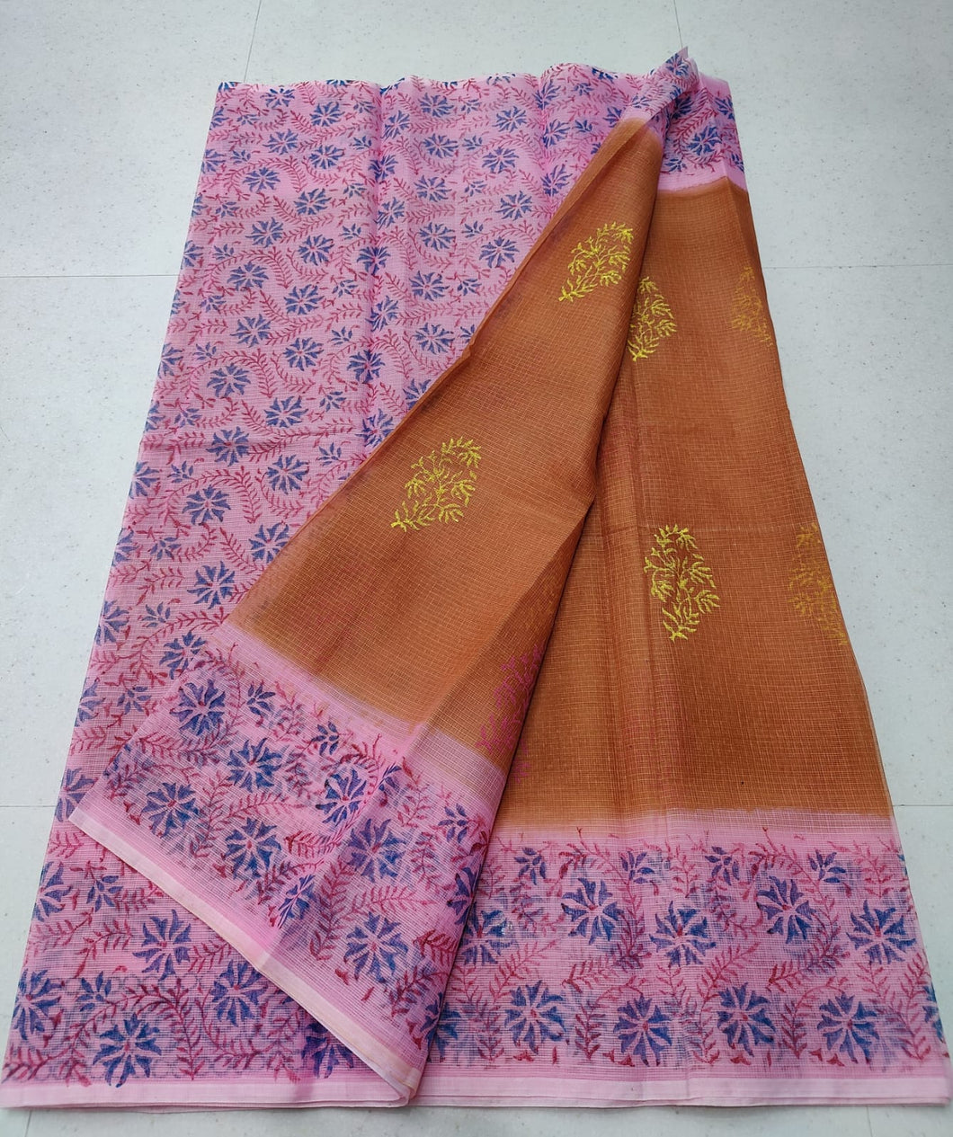 Exquisite Brown With Pink Colored KotaDoria Die Block Printed Cotton Saree With Running Blouse