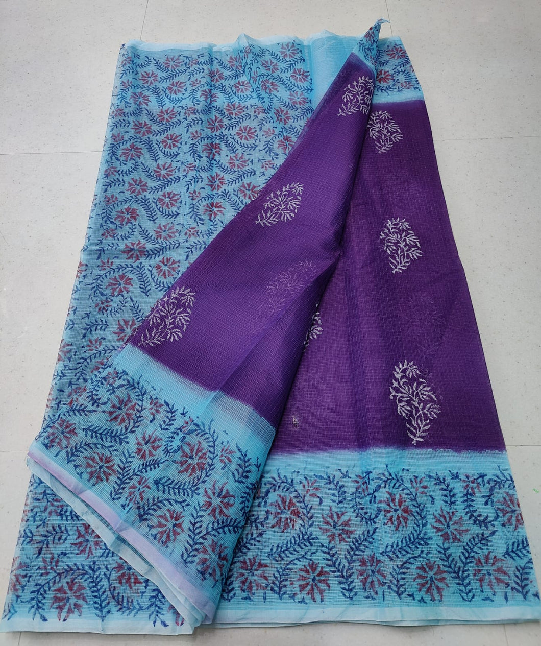 Exquisite Purple Colored Blue Leafy KotaDoria Dye Block Printed Cotton Saree With Running Blouse