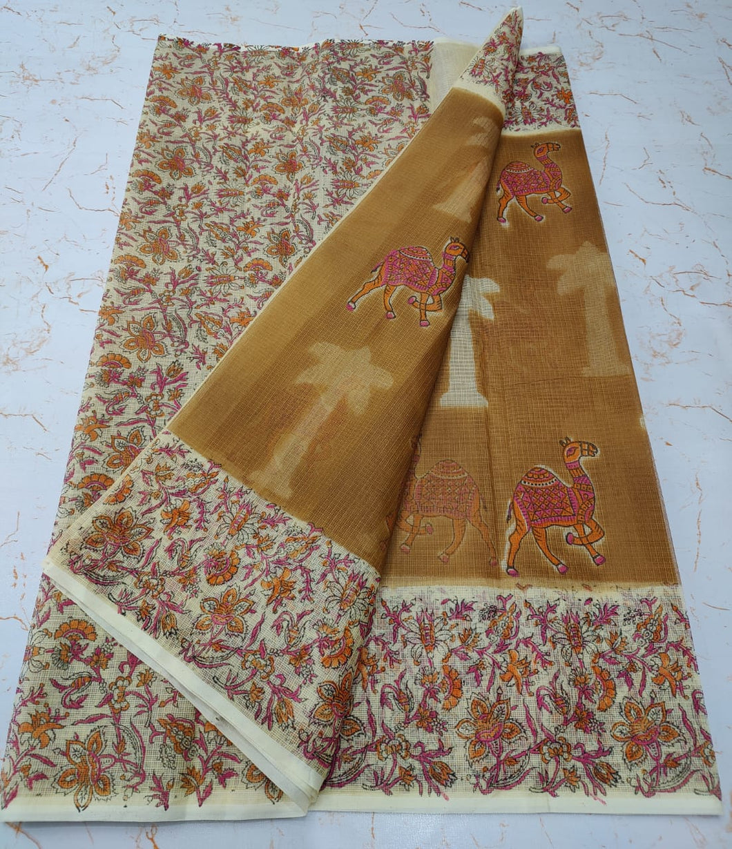 Exquisite Brown Colored KotaDoria Dye Block Printed Cotton Saree With Running Blouse