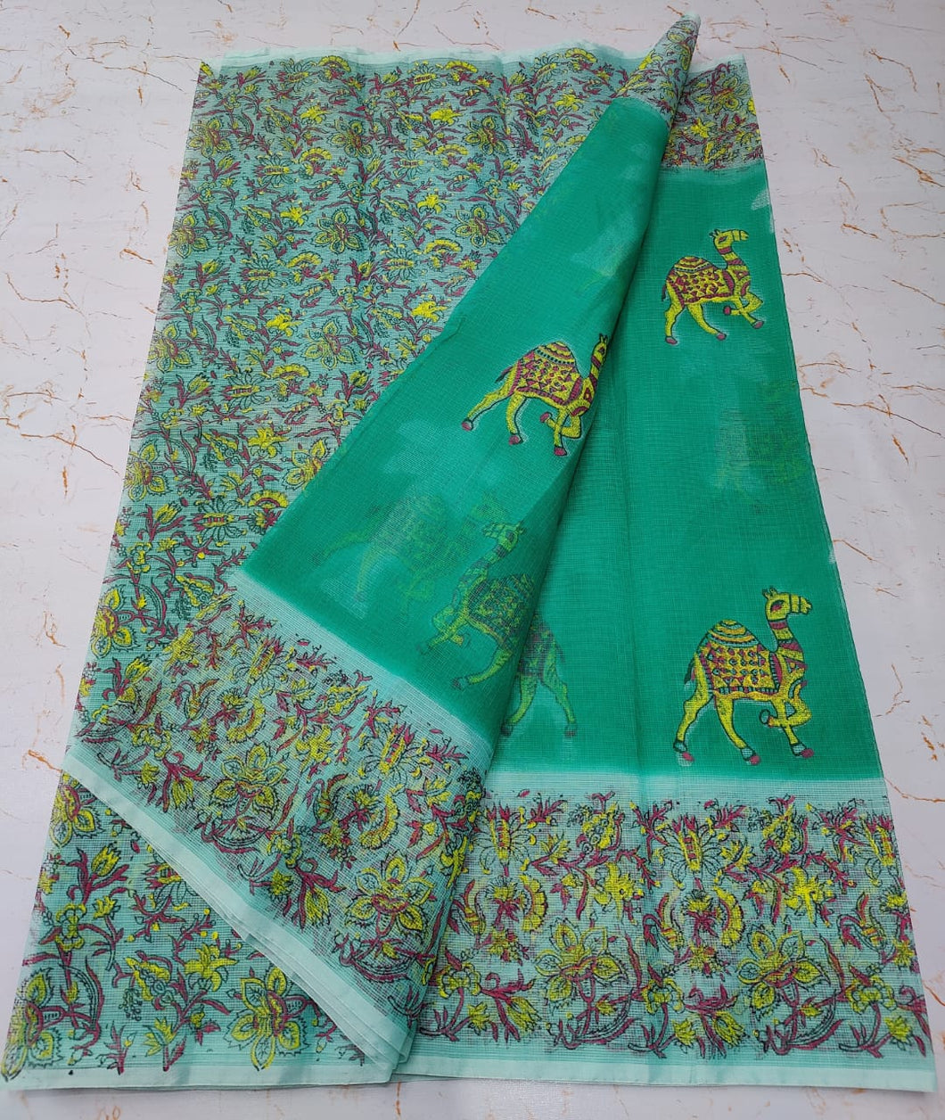 Exquisite Green Colored KotaDoria Dye Camel Block Printed Cotton Saree With Running Blouse