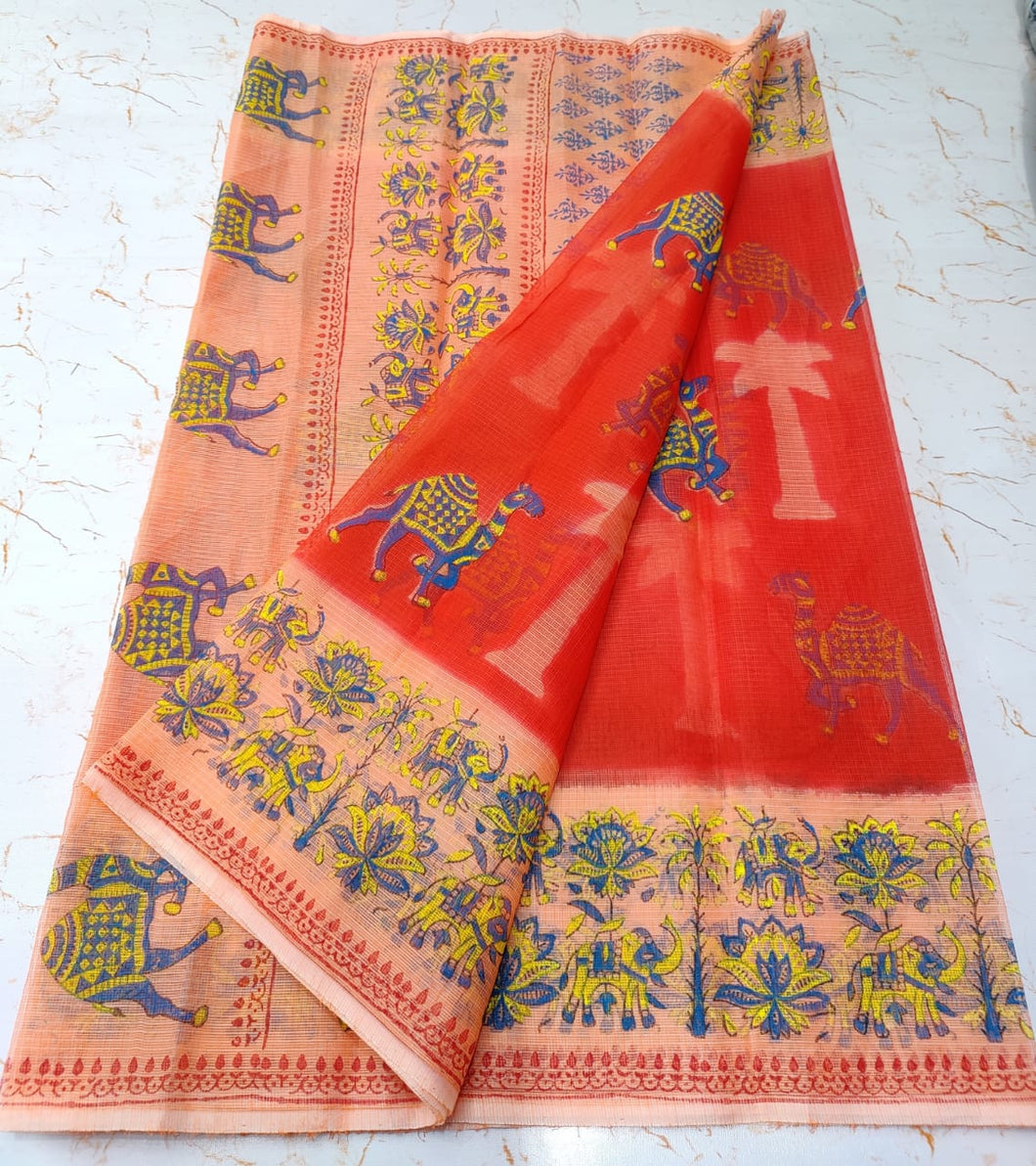 Exquisite Red Colored KotaDoria Dye Camel Block Printed Cotton Saree With Running Blouse
