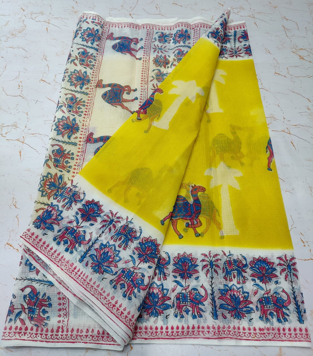 Exquisite Yellow Colored KotaDoria Dye Camel Block Printed Cotton Saree With Running Blouse