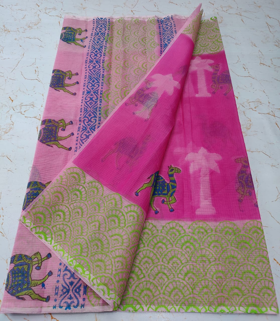 Exquisite Pink Colored KotaDoria Dye Camel Block Printed Cotton Saree With Running Blouse