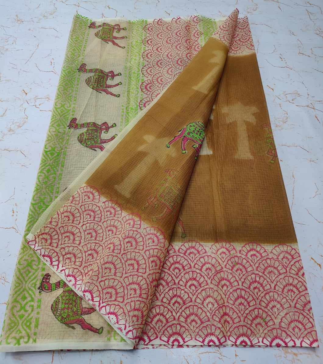 Exquisite Brown and Red Colored KotaDoria Die Camel Block Printed Cotton Saree With Running Blouse