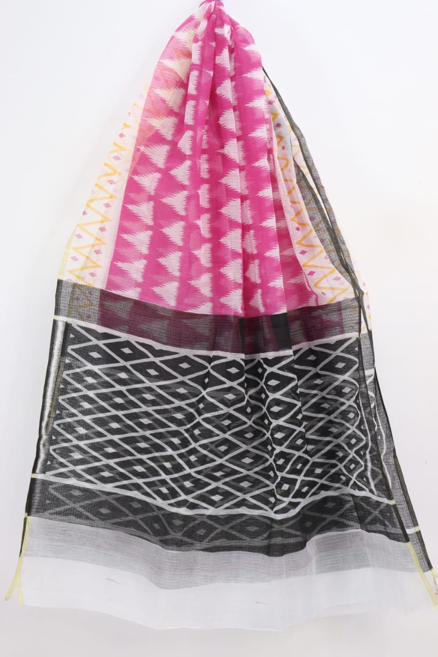 Urbane Pink-Black Geometric Block Printed Designer Kota doria Dupatta