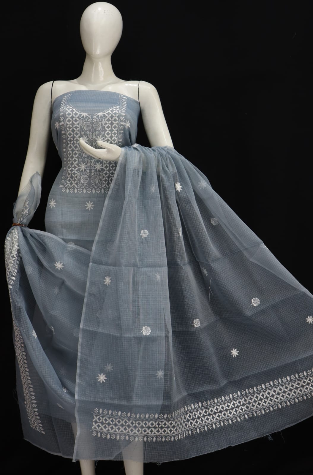 Grey Base White Thread Chikankari Embroidery Dress Material