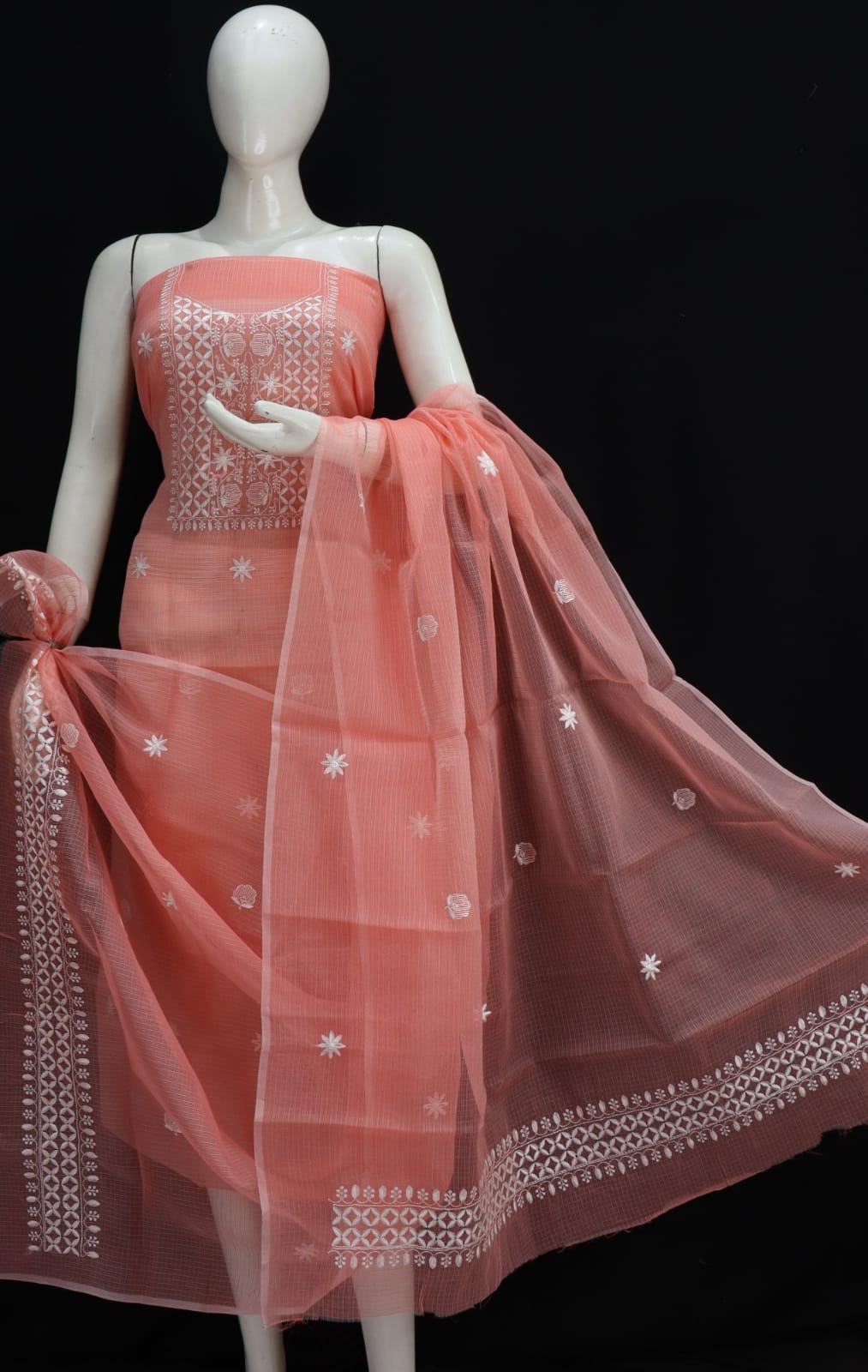 Peach Pastel Base White Thread Chikankari Embroidery Dress Material