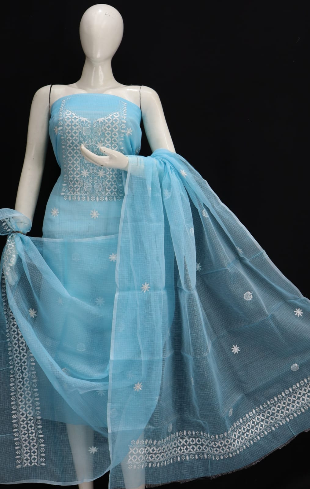 Sky Blue Base White Thread Chikankari Embroidery Dress Material
