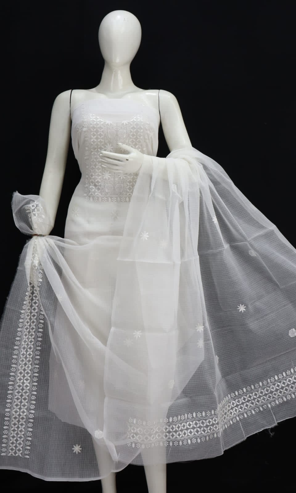 White Base White Thread Chikankari Embroidery Dress Material