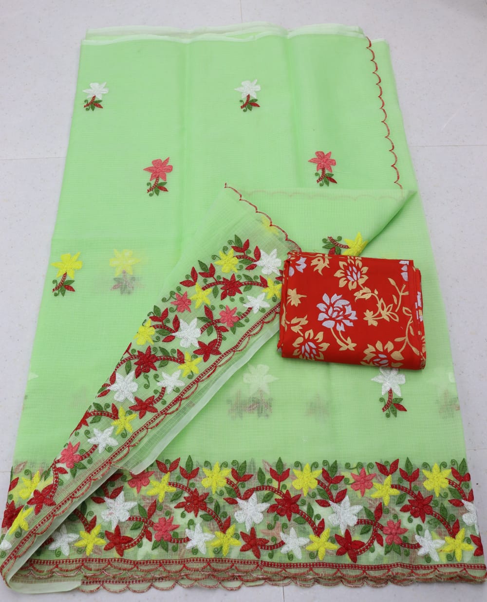 Green Base Multi Thread Work Embroidery Saree