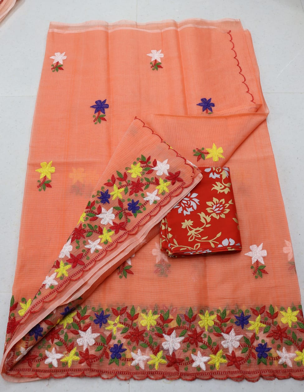 Pastel Orange Base Multi Thread Work Embroidery Saree